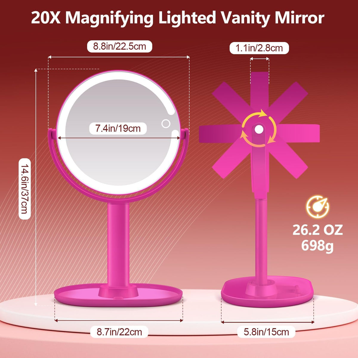 MIYADIVA Espejo de maquillaje con luces, espejo de aumento 20X con interruptor de luz e táctil, espejo de tocador de 2 lados con 3 colores y 80 LED, rosa intenso