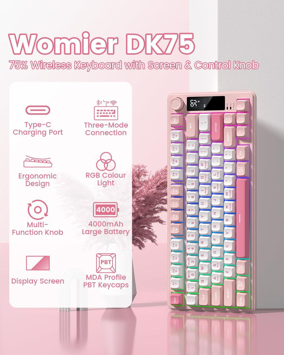 Womier DK75 75% Wireless Gaming Keyboard, RGB Backlit Creamy Keyboa...