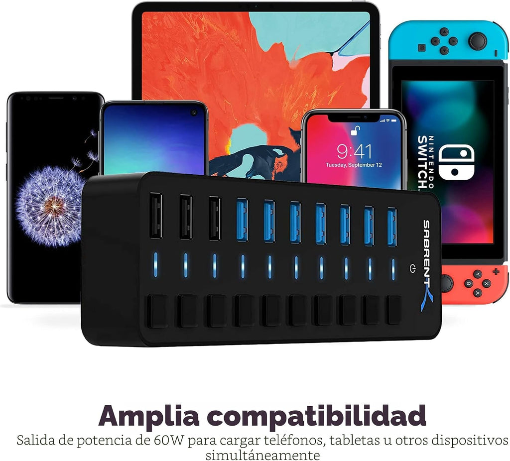 SABRENT, PS65B120Y5000S, hub USB 3.0 de 10 puertos, alimentado, adaptador 12V/5A