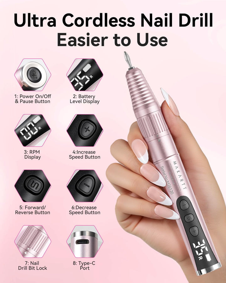 Makartt - Taladro de uñas inalámbrico para principiantes: lima elec...