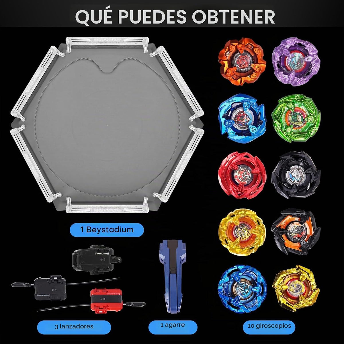 X Stadium Arena Battle Set, 10 Spinning Tops 3 Launchers y 1 Grip Ages 6+