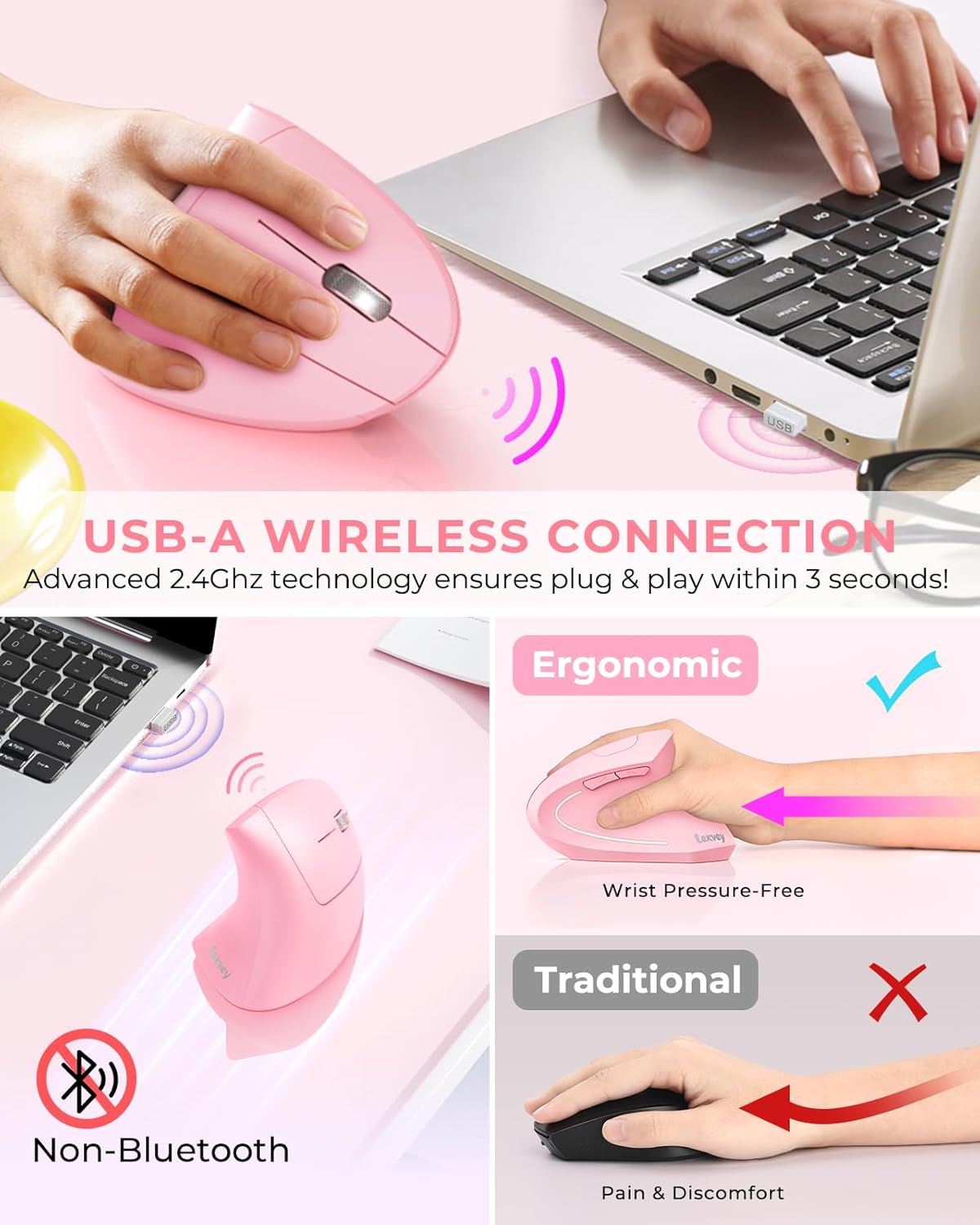 Lekvey Ratón ergonómico, ratón inalámbrico vertical, recargable 2.4...