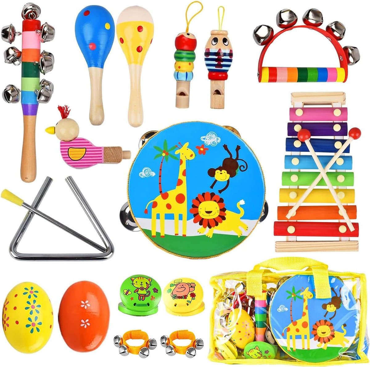 Juego de instrumentos musicales para niños, 20 piezas de instrumentos de percusión de madera para bebés y niños con maracas de xilófono pandereta, juguetes musicales preescolares para niños y niñas