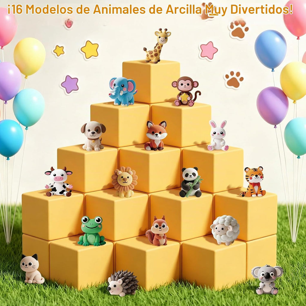 Kit de arcilla seca al aire, 16 animales para modelar arcilla mágica de secado al aire para niños, kits de arcilla de moldeo suave y no pegajosa con herramientas instrucciones para el hogar, regalos