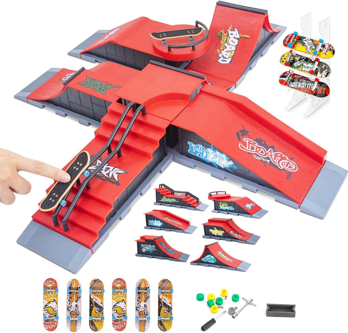 Rampa para monopatín Gr8ware 6-en-1, rampa de media tubería para diapasón, monopatines mini para dedos, kit de patinetas de dedo para diapasones, accesorios de entrenamiento, juego de patinaje