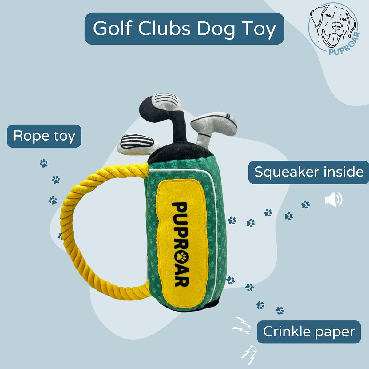 PUPROAR Colección Country Club - Paquete de regalo para perros, juguete de golf para perros y juguete de pickleball para perros con juguete chirriante, divertido y papel arrugado, juguetes divertidos