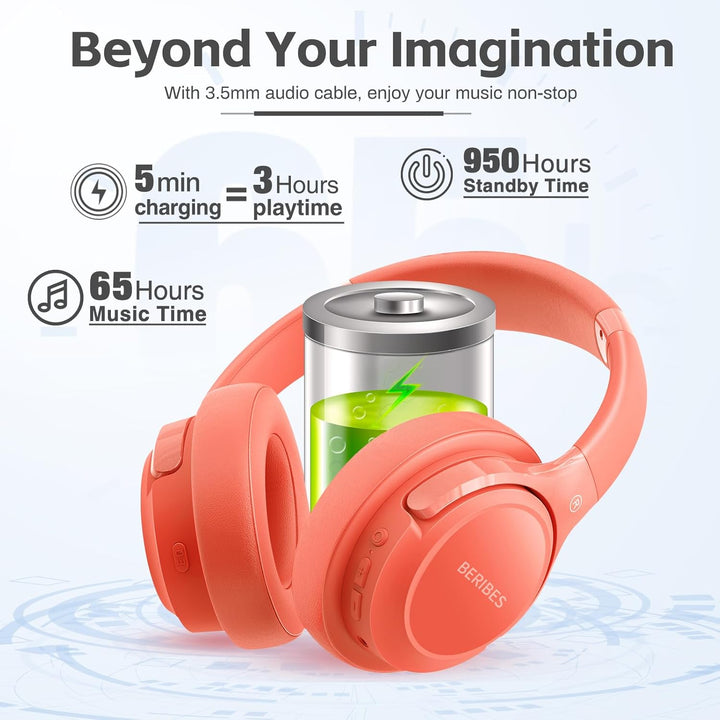 BERIBES Auriculares Bluetooth sobre la oreja, tiempo de reproducció...