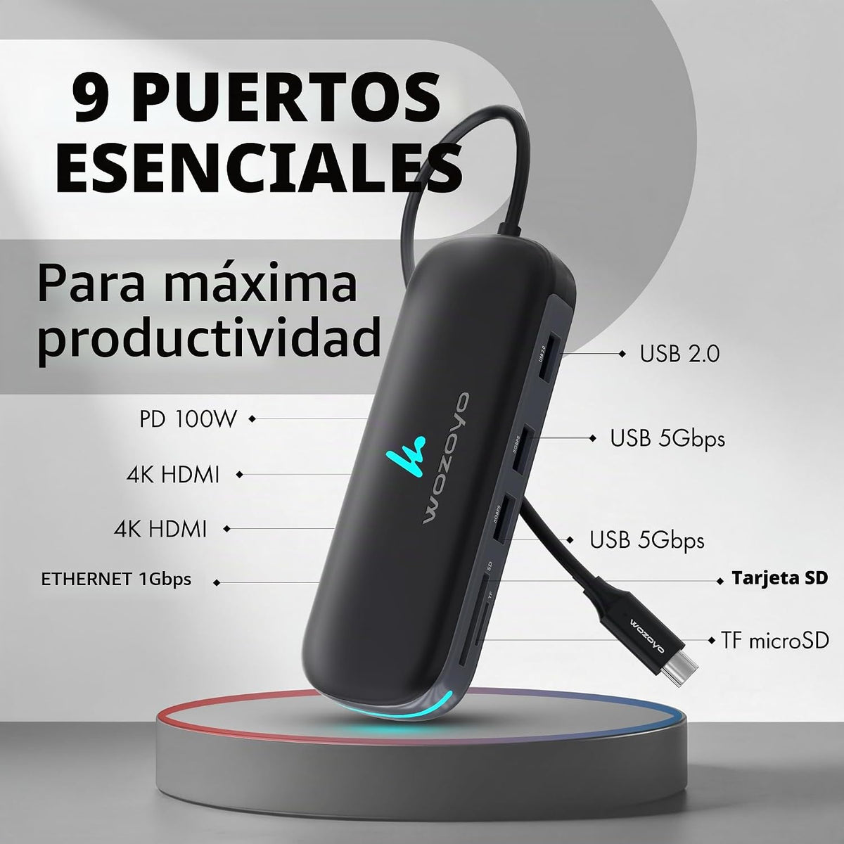 Estación de acoplamiento Wozoyo tipo C 9 en 1 con 2 puertos USB 5 Gbps, 2 x 4K HDMI, Gigabit Ethernet, lector de tarjetas SD y TF, PD 100 W, USB 2.0, USB-C Hub, compatible con Thunderbolt 4, macOS