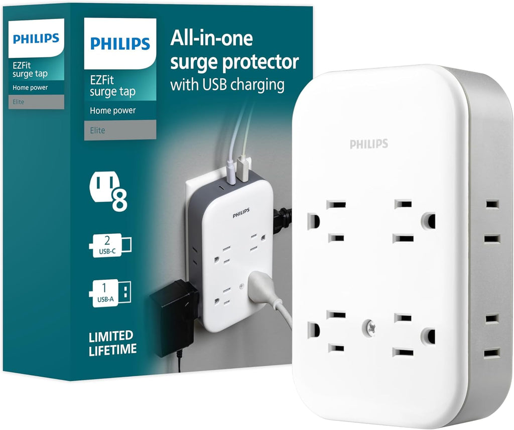 Philips Enchufe contra sobretensiones todo en uno con USB, 4 tomas con conexión a tierra y 4 tomas polarizadas, 2 puertos USB-C y 1 puerto USB-A, 15W compartidos, 1140 julios, certificado ETL, blanco