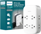 Philips Enchufe contra sobretensiones todo en uno con USB, 4 tomas con conexión a tierra y 4 tomas polarizadas, 2 puertos USB-C y 1 puerto USB-A, 15W compartidos, 1140 julios, certificado ETL, blanco