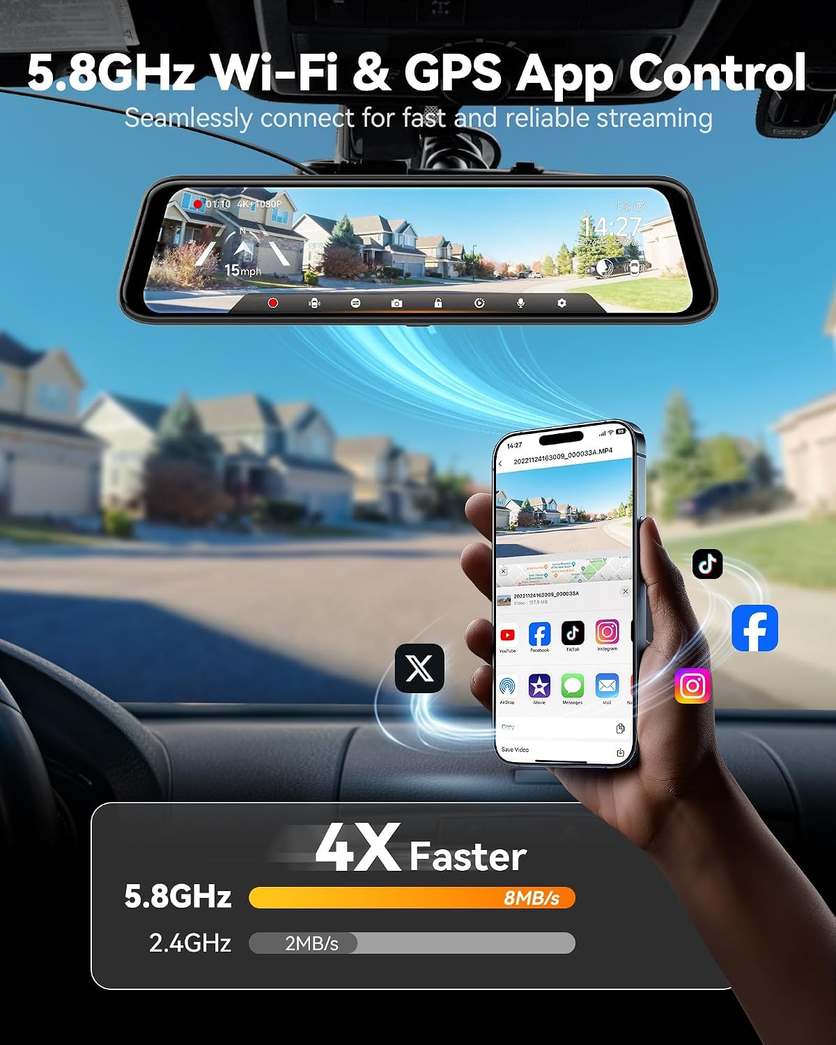 WOLFBOX Cámara de tablero con espejo G850 PRO 4K con ADAS y BSD