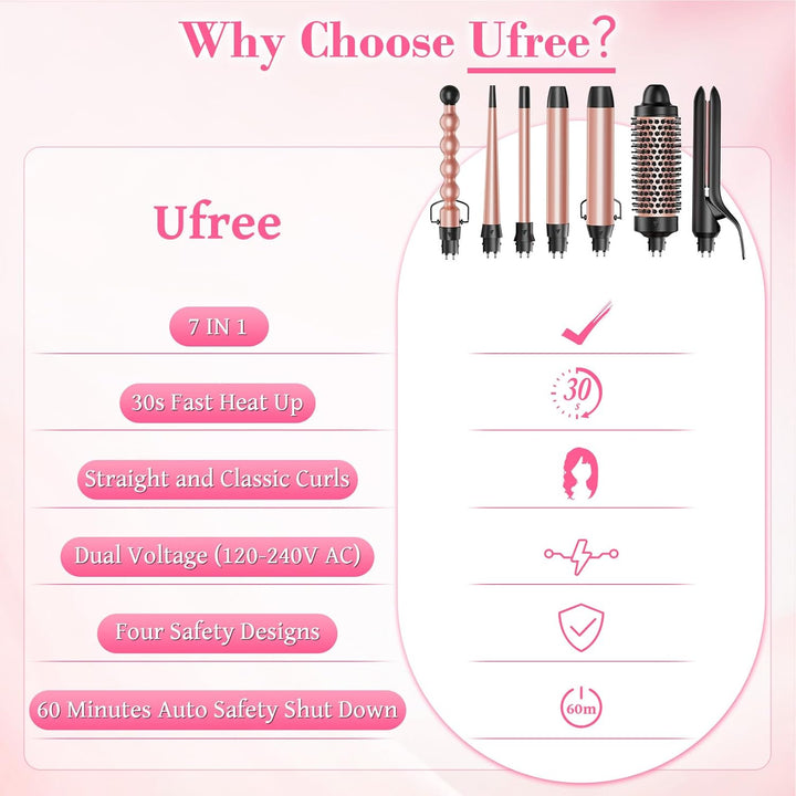 Set Ufree 7 en 1, rizador de pelo con barriles cerámicos intercambi...