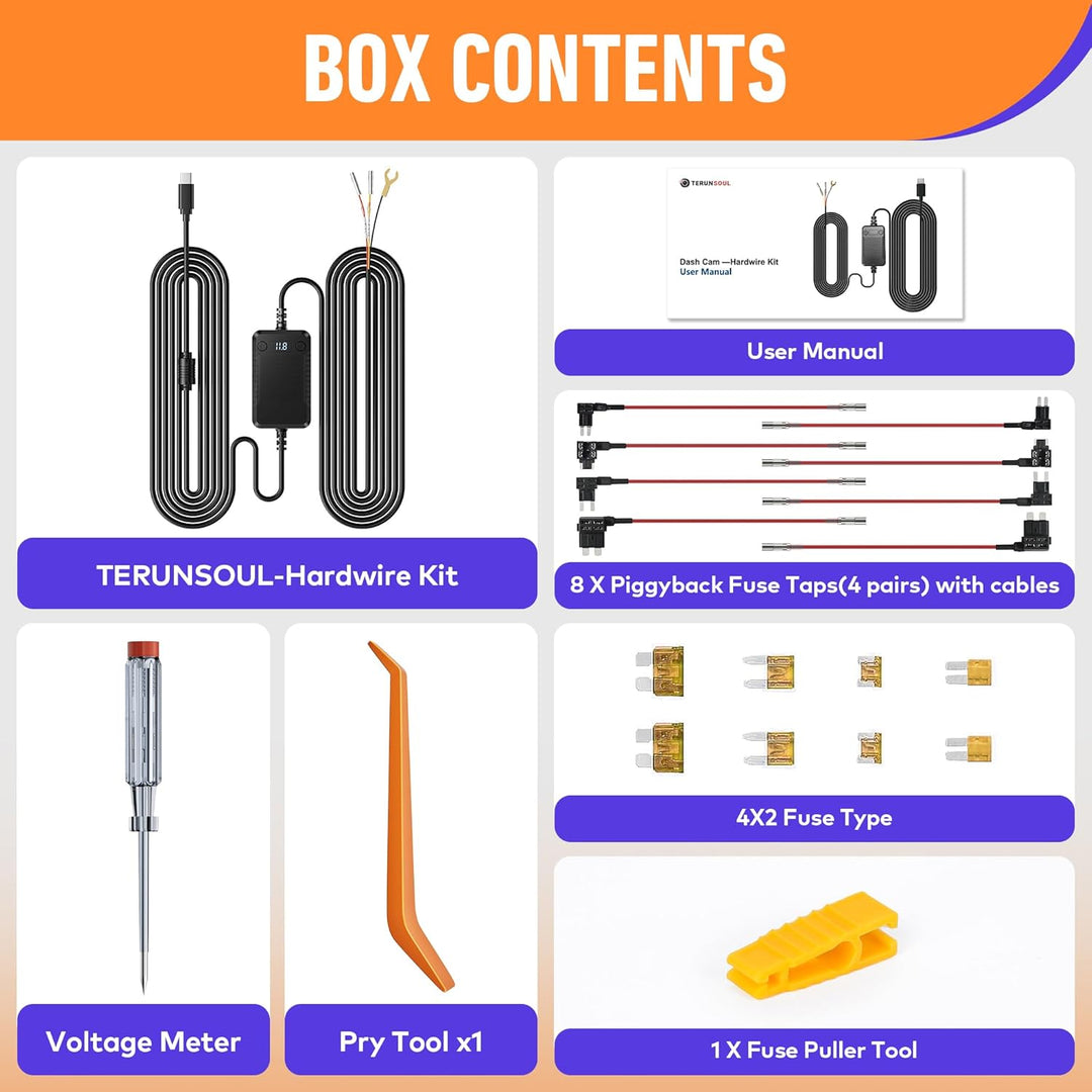 TERUNSOUl Dash Cam Acc Kit de cableado de varios tamaños