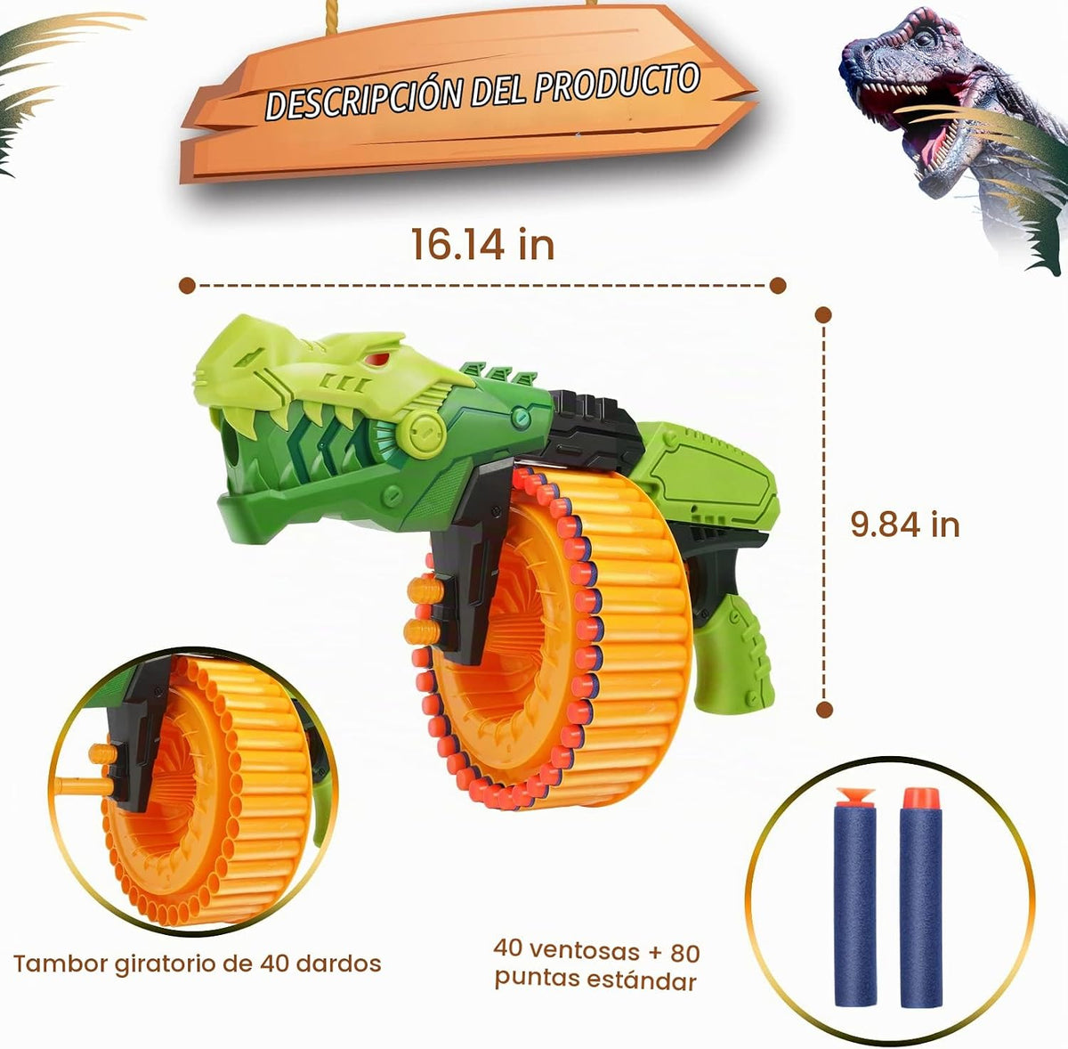 Pistola de juguete con 120 balas de espuma, tambor giratorio de 40 dardos, juego de disparos de pistola de dardos de espuma para actividades en interiores y exteriores, juguetes de dinosaurio, regalos de cumpleaños de Navidad para niños, adolescentes