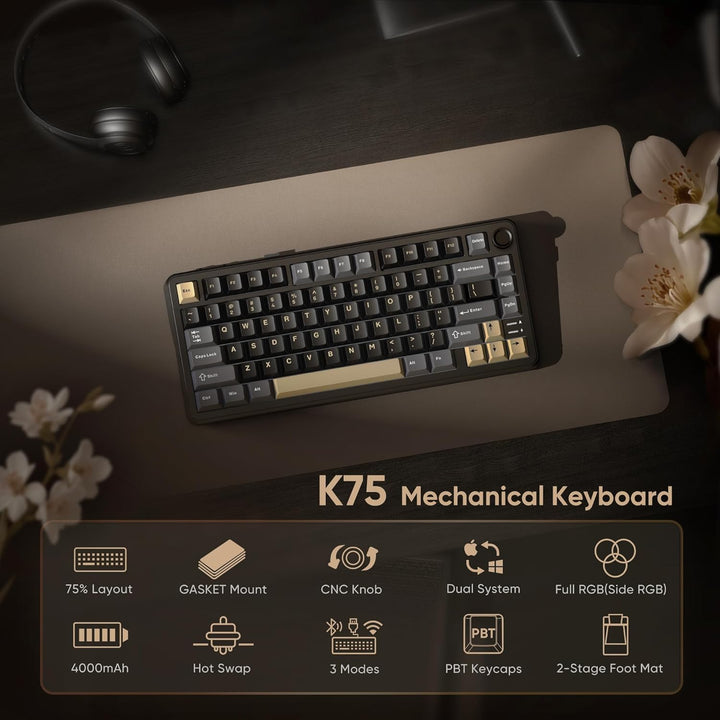 RedThunder Teclado Mecánico Inalámbrico K75, Perilla CNC, Tri-Modo...