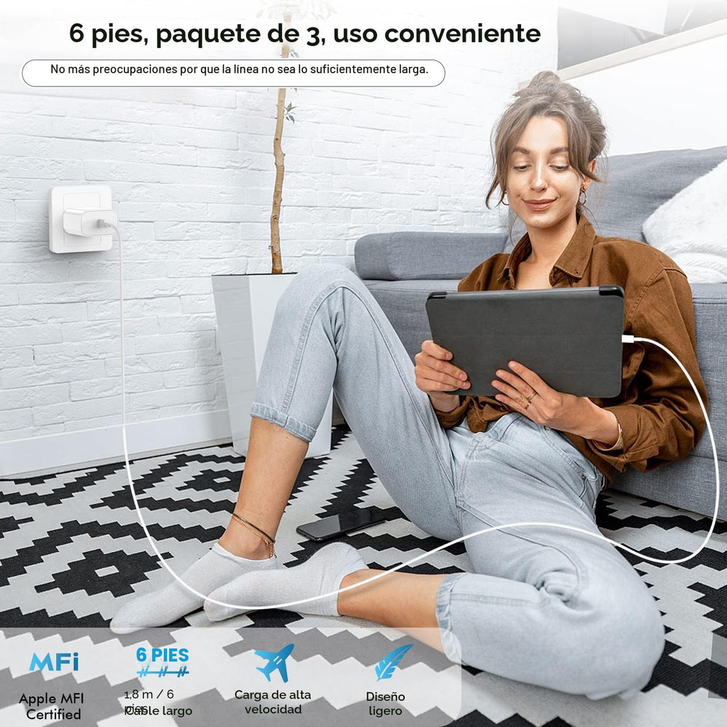 Bloque de cargador USB C rápido, paquete de 3 cables USBC a USBC de 6 pies de largo, cable para iPad, 20 W, iPhone 17 Pro Max, cargador de viaje, carga rápida para iPhone 17/17 Air/17 Pro/16/16e/16 Pro/16Plus/15/15Pro/Pro Max/Plus, iPad
