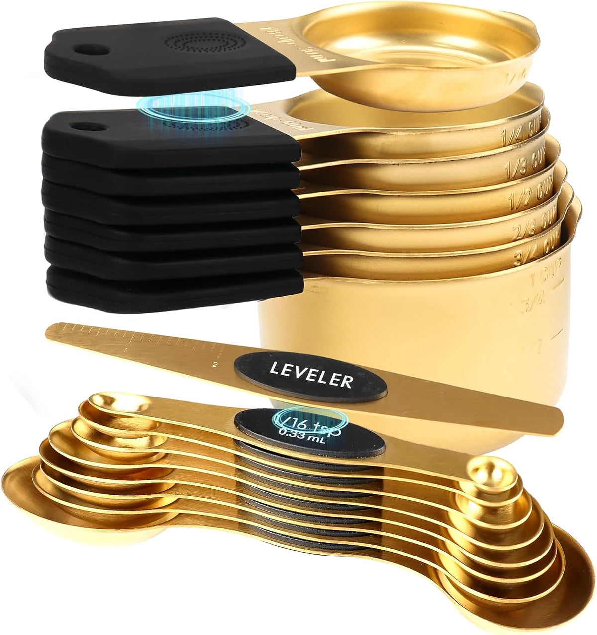 Juego de tazas y cucharas medidoras de acero inoxidable de 16 piezas, fuerte diseño de anidación magnética, 7 tazas, 8 cucharas con nivelador, marcas de medición dobles para ingredientes secos y