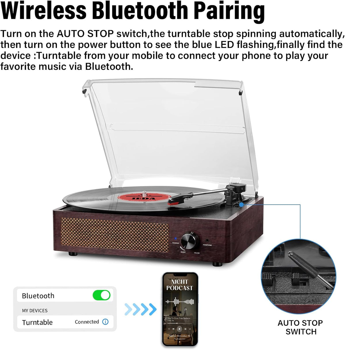 Tocadiscos de vinilo con receptor Bluetooth integrado y 2 altavoces estéreo, 3 velocidades, tamaño portátil retro para entretenimiento y decoración del hogar