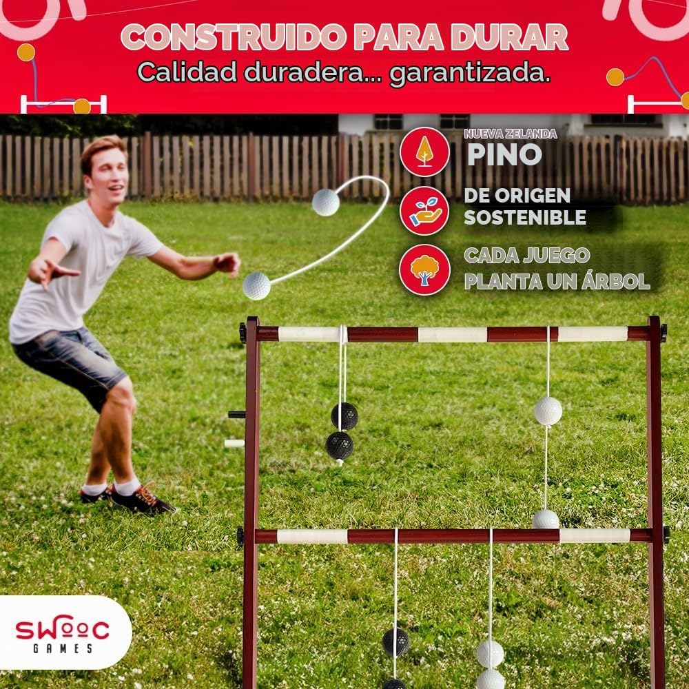 Swooc Games® - Juego de pelota de escalera de madera prémium (resistente a la intemperie) - con más de 10 juegos y estuche de transporte - Fácil de configurar sin herramientas - Juego de lanzamiento