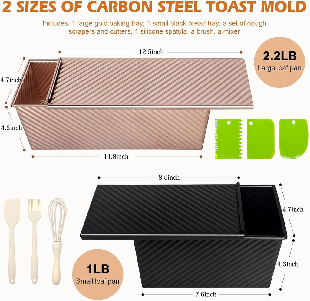Pullman - Molde para pan con tapa, paquete de 2 unidades de 2.2 libras y 1 libra de capacidad de masa, sartén antiadherente de acero al carbono para pan sándwich y panes de masa madre, molde cuadrado para tostadas con herramientas para hornear, embalaje
