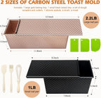 Pullman - Molde para pan con tapa, paquete de 2 unidades de 2.2 libras y 1 libra de capacidad de masa, sartén antiadherente de acero al carbono para pan sándwich y panes de masa madre, molde cuadrado para tostadas con herramientas para hornear, embalaje