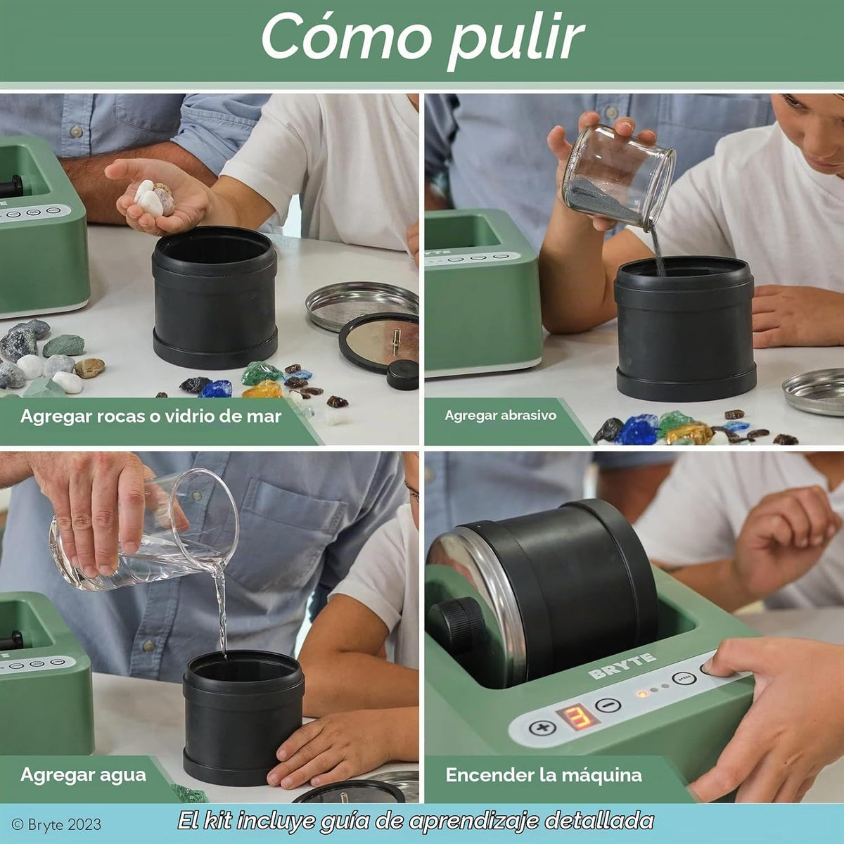 Vaso de roca y máquina de volcar – Verde menta medio, 3 velocidades, a partir de 8 años – Accionamiento directo, temporizador de 9 días y motor silencioso de refrigeración – Pulidor silencioso