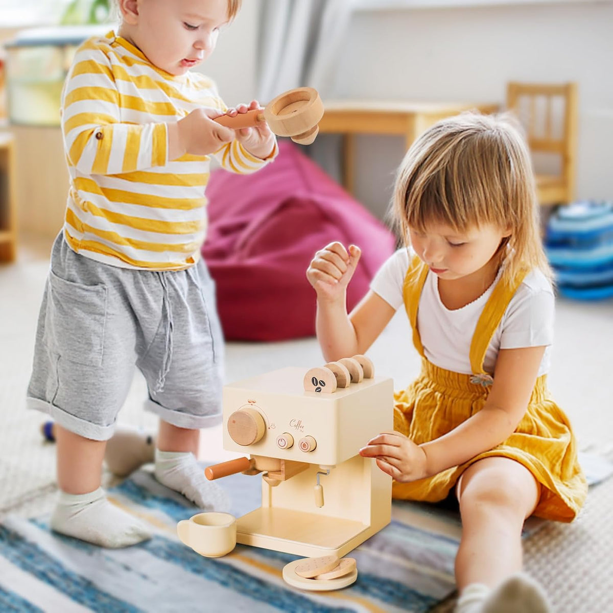 ibwaae Cafetera para niños, 10 piezas, juego de cafetera de juguete, juego de cocina de madera, juguetes para niños pequeños, accesorios de cocina, juegos de comida de juego de simulación para niñas y