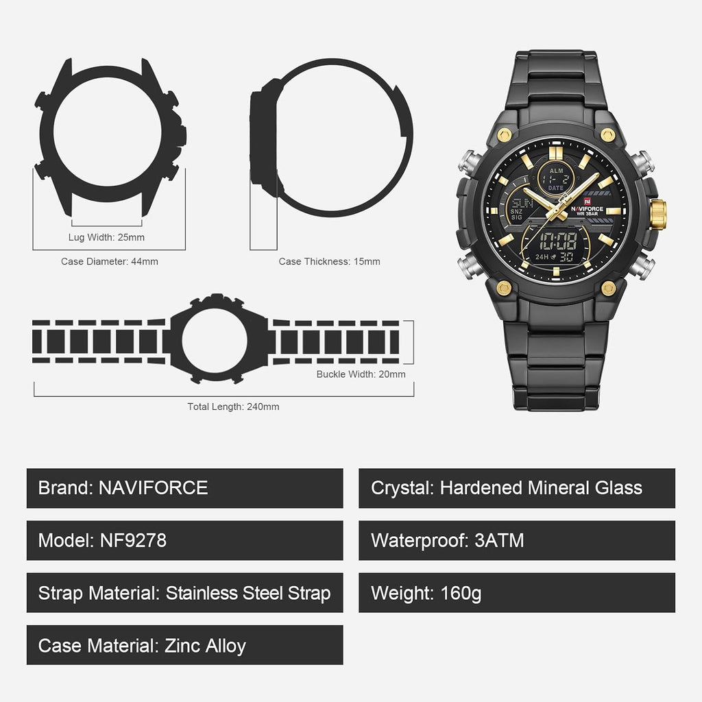 NAVIFORCE Relojes digitales multifunción, reloj analógico impermeable 3ATM para hombres, reloj de pulsera de lujo luminoso, regalo