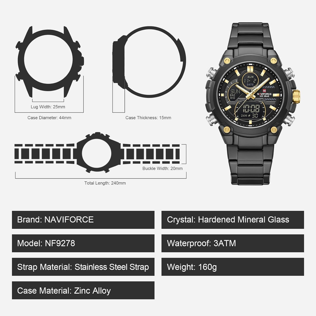 NAVIFORCE Relojes digitales multifunción, reloj analógico impermeable 3ATM para hombres, reloj de pulsera de lujo luminoso, regalo
