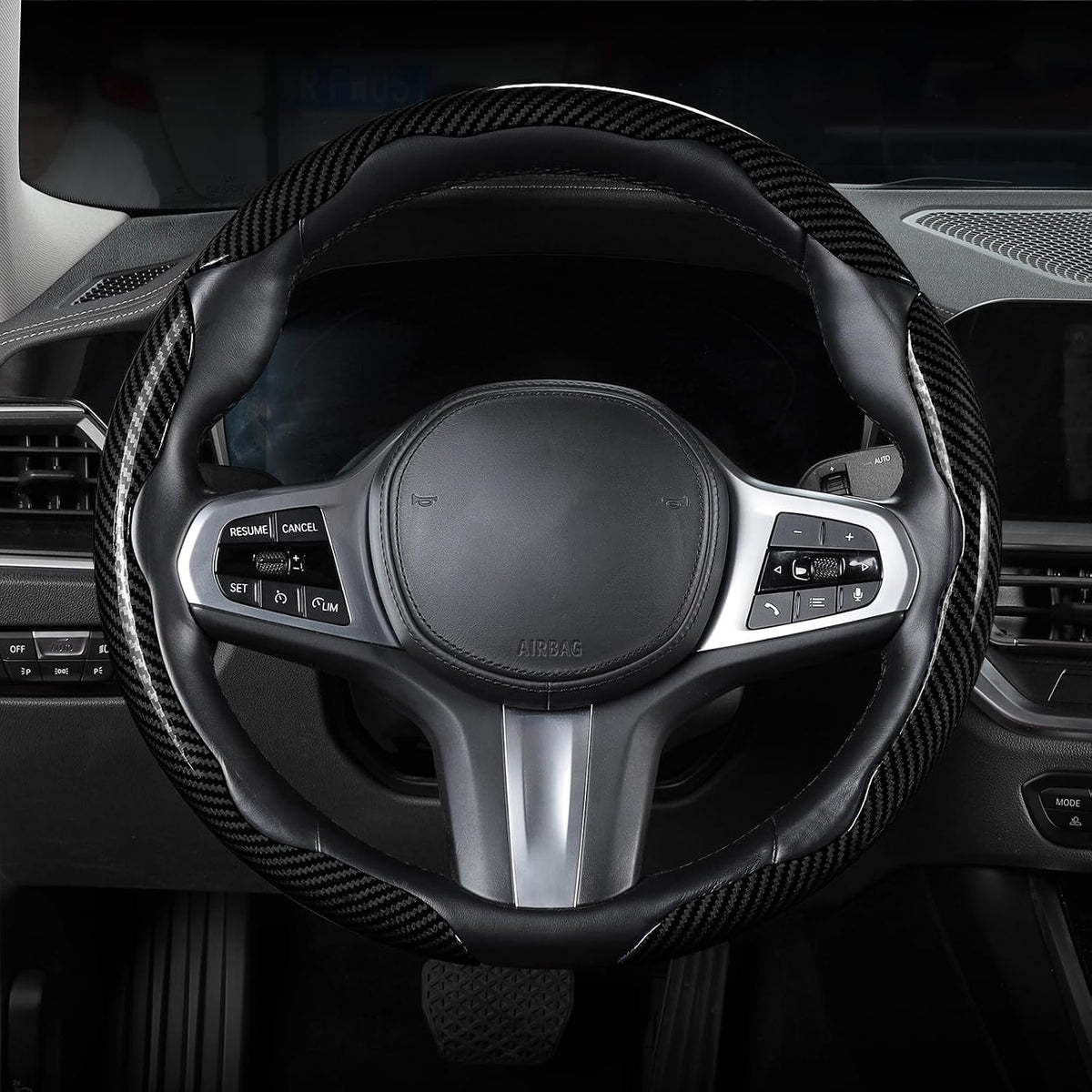 Cubierta de volante de fibra de carbono, juego de accesorios de volante de coche con cierre de presión 3 piezas, protector antideslizante con envoltura, universal, negro brillante
