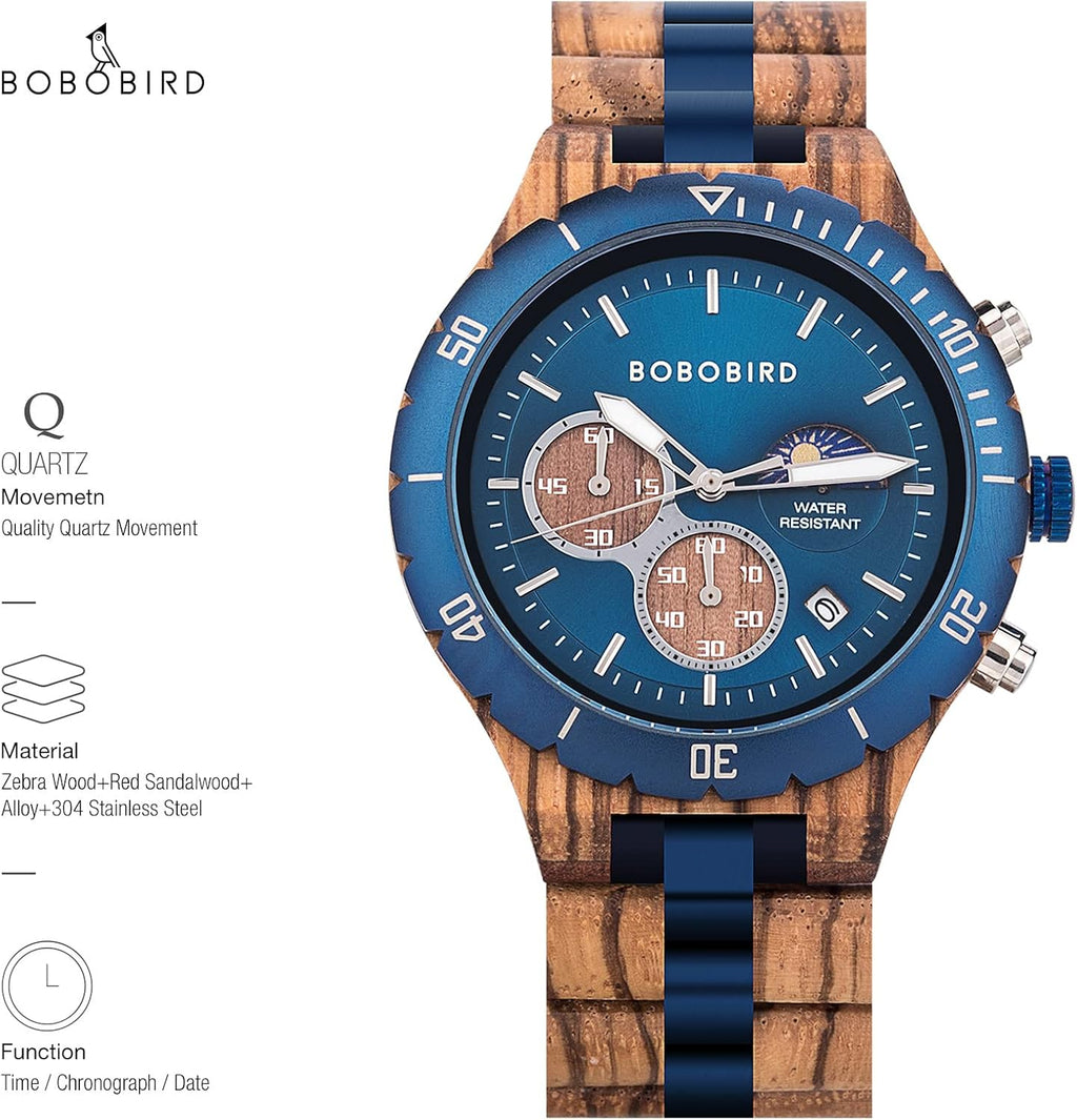 BOBO BIRD Reloj de madera de cuarzo para hombre, acero inoxidable, aleación de sándalo rojo, reloj de pulsera para hombre, función clásica, cronógrafo, manecillas luminosas, visualización de fecha de
