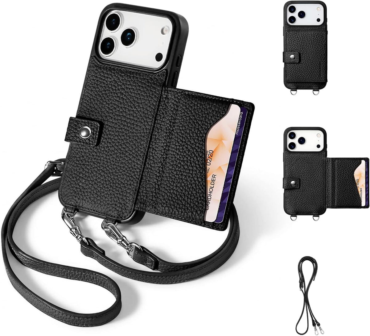 Funda de cuero tipo cartera para iPhone 17 Pro Max, color negro