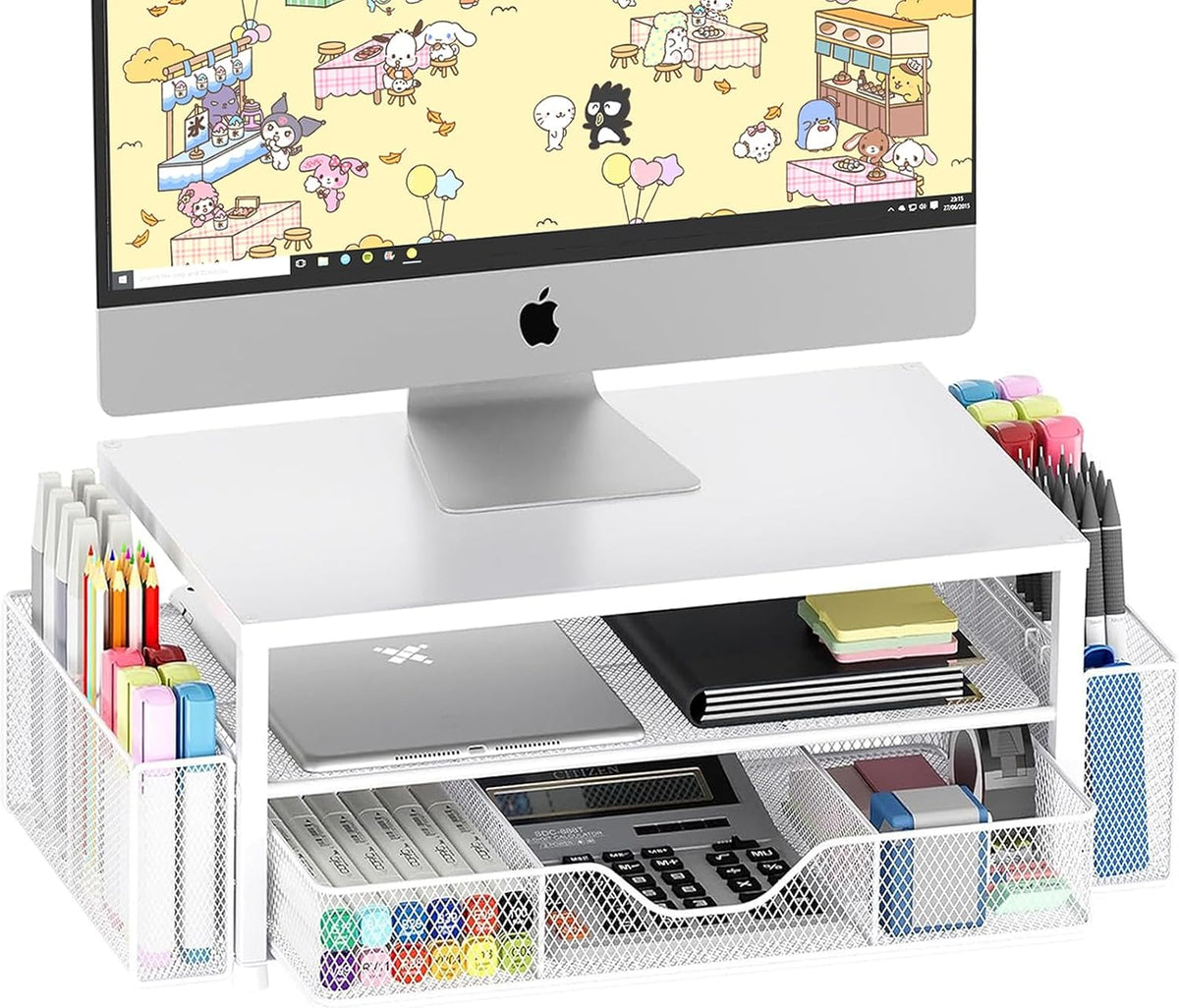 Lámpara Organizador de escritorio y accesorios, soporte elevador de monitor de computadora de 2 niveles con cajón y 2 soportes para bolígrafos, soporte para laptop, accesorios de escritorio de oficina