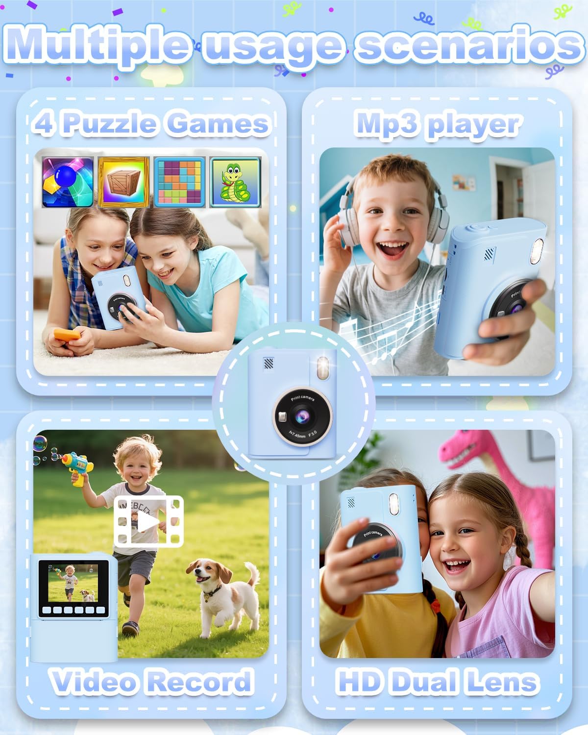 Cámara de impresión instantánea para niños, cámaras de impresión digital instantánea 1080P para niños pequeños, juguete portátil para niñas de 4, 5, 6, 7, 8, 9, 10 años, regalos de cumpleaños de Navidad para niñas y niños con tarjeta SD azul