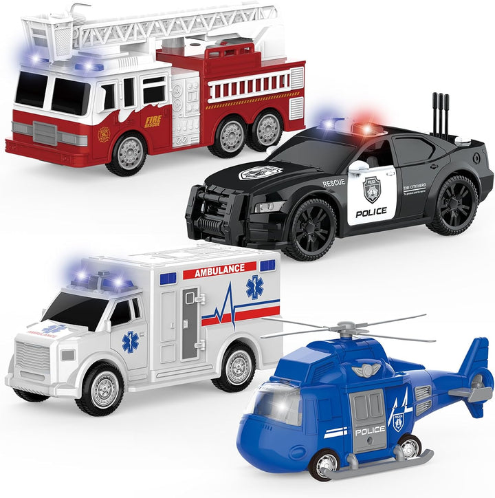 COVTOY Paquete de 4 vehículos de emergencia con luces y