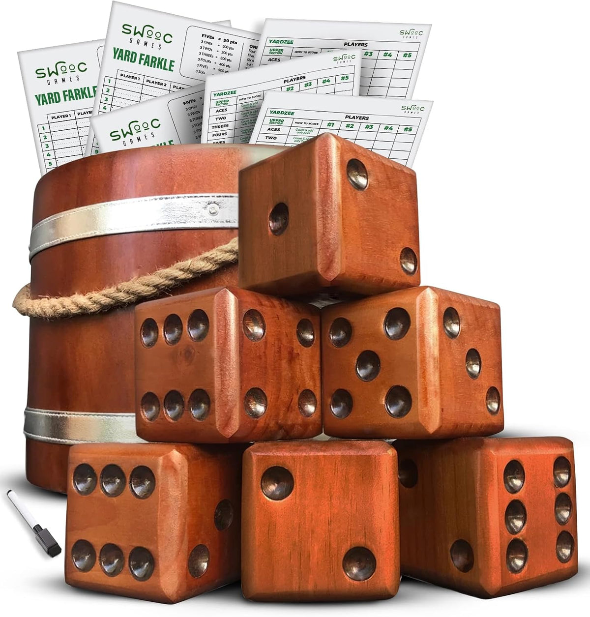 Swooc Games - Yardzee, Farkle y más de 20 juegos de dados gigantes (todo tipo de clima) con cubo de madera, 5 tarjetas de puntuación y marcador - Juego de dados de patio al aire libre para la familia