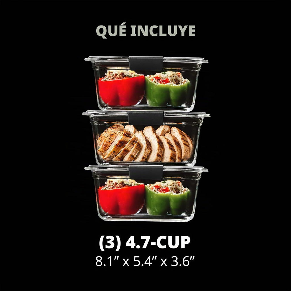 Rubbermaid Brilliance - Recipientes de vidrio para alimentos de 4.7 tazas con tapas, juego de 3 unidades transparentes