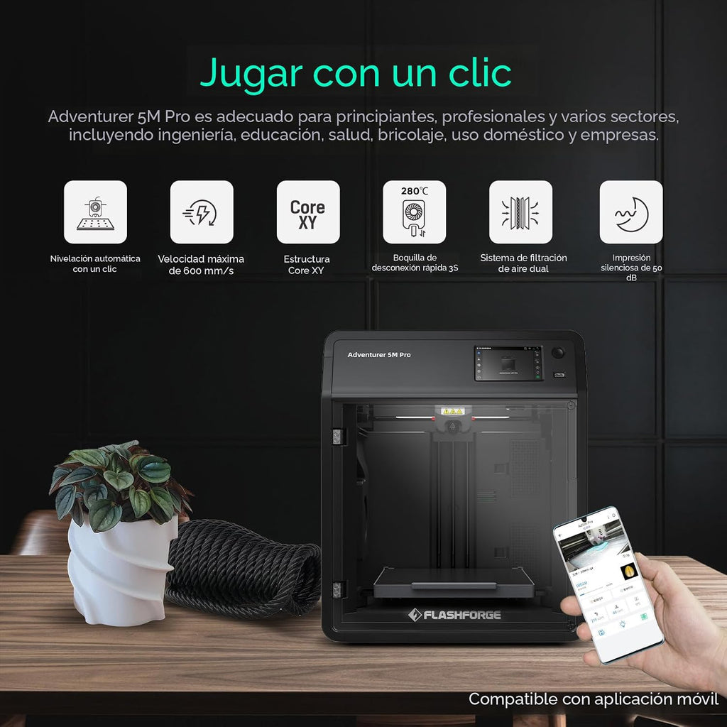 FLASHFORGE Adventurer 5M Pro Impresora 3D con Sistema de Impresión Automática con 1 Clic, Alta Velocidad de 600mm/s, Boquilla Desmontable Rápida de 280°C, Estructura Completamente Metálica Core XY