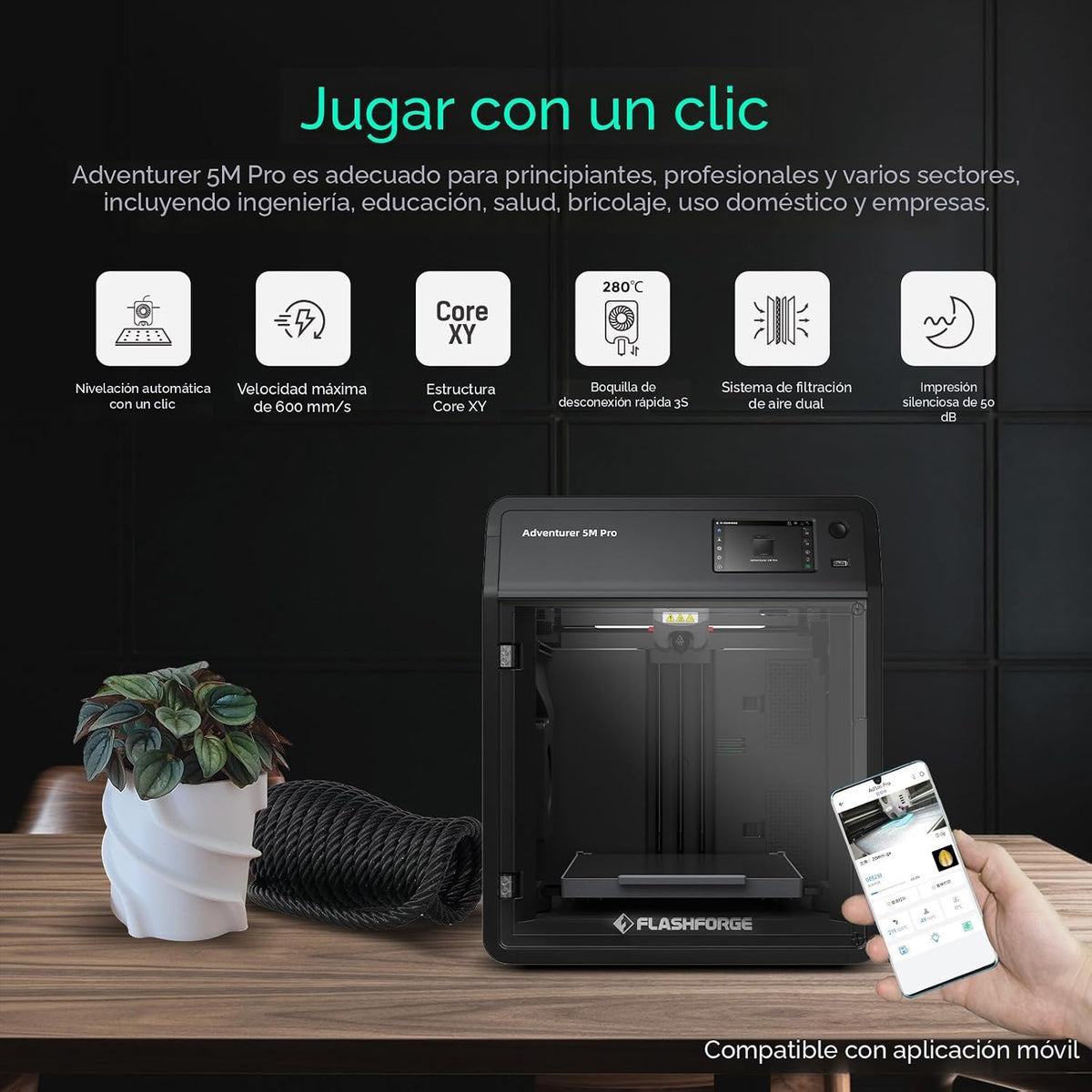 FLASHFORGE Adventurer 5M Pro Impresora 3D con Sistema de Impresión Automática con 1 Clic, Alta Velocidad de 600mm/s, Boquilla Desmontable Rápida de 280°C, Estructura Completamente Metálica Core XY