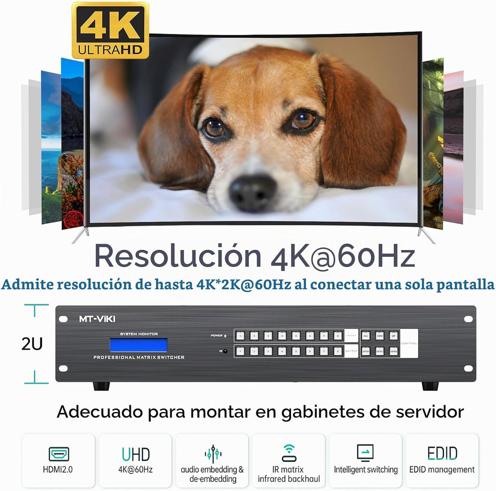 MT-VIKI Extensor de matriz HDMI 8x8 4K60Hz, 8 en 16 salidas con transmisión CAT6/7/8 de hasta 230 pies, alimentación POC, GUI web, control RS232, EDID para iglesia, conferencia y sistema AV Pro (con 8 receptores POC)