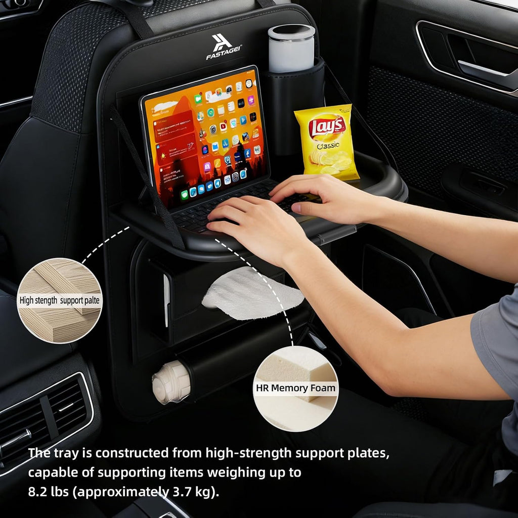 Paquete de 2 Organizadores Universales de Cuero Premium Plegables para Asiento Trasero de Automóvil con Bandeja de Mesa, Protector de Respaldo de Asiento de Automóvil con Bolsa de Basura