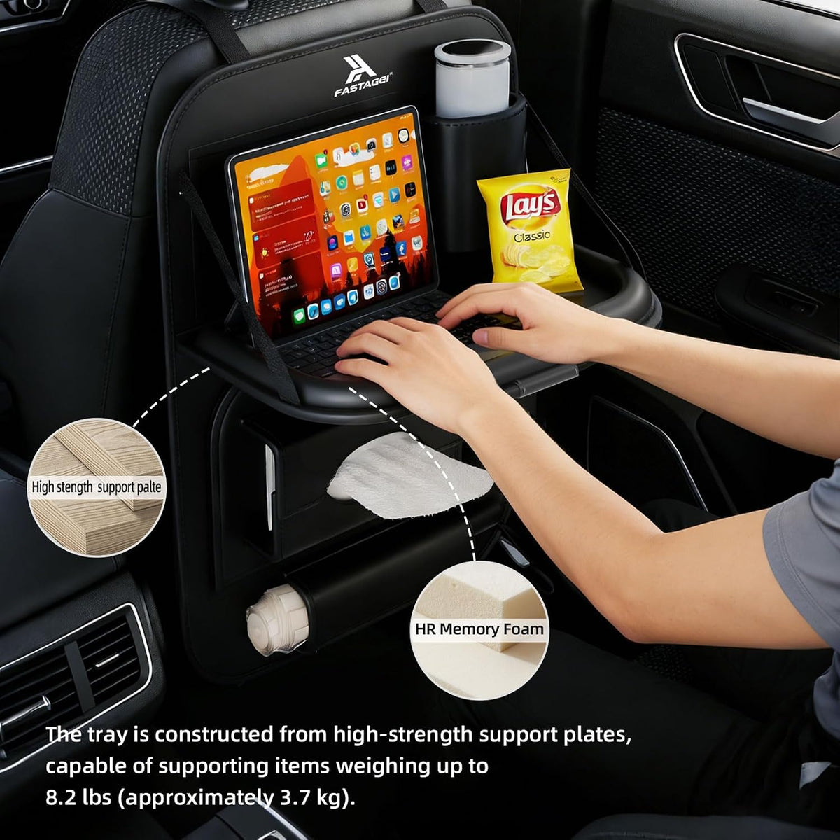 Paquete de 2 Organizadores Universales de Cuero Premium Plegables para Asiento Trasero de Automóvil con Bandeja de Mesa, Protector de Respaldo de Asiento de Automóvil con Bolsa de Basura