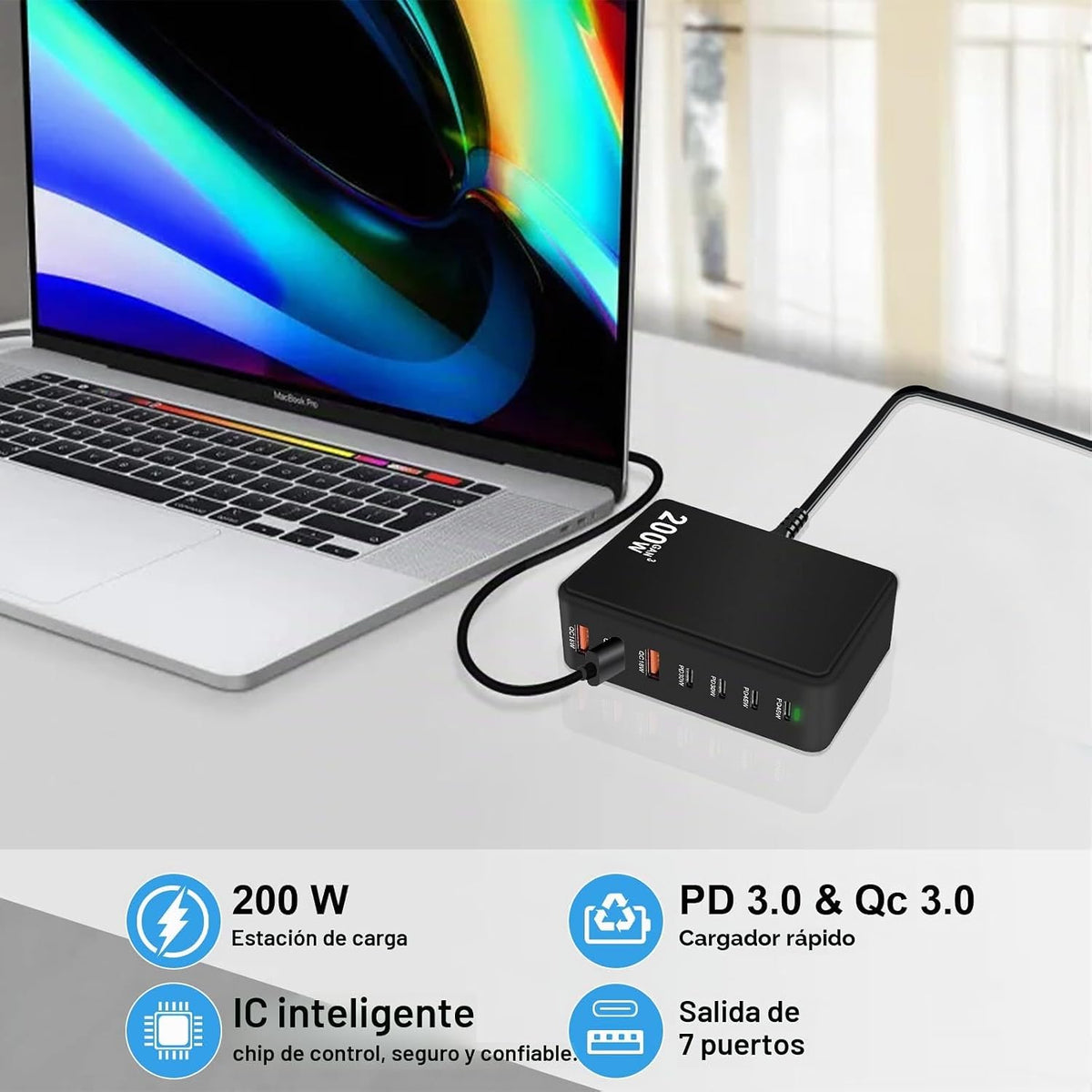 Cargador USB C Bloque 200W PD QC3.0 GaN 7 Puertos Estación de carga rápida