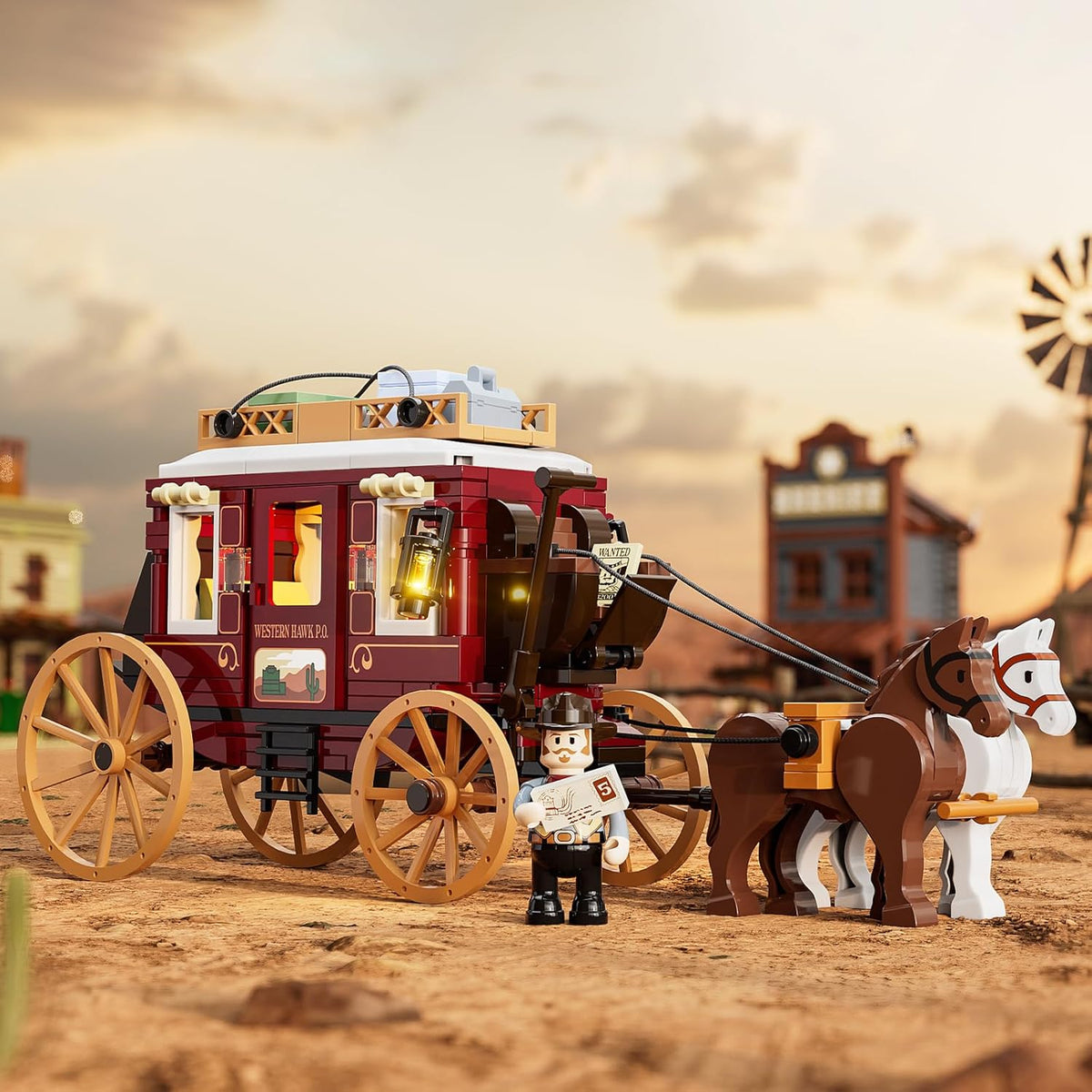 Lámpara Lumibricks Western Stagecoach Lighting - Juego de ladrillos de construcción – Carruaje y caballo del viejo oeste 293 piezas colección juego de exhibición para amantes del oeste