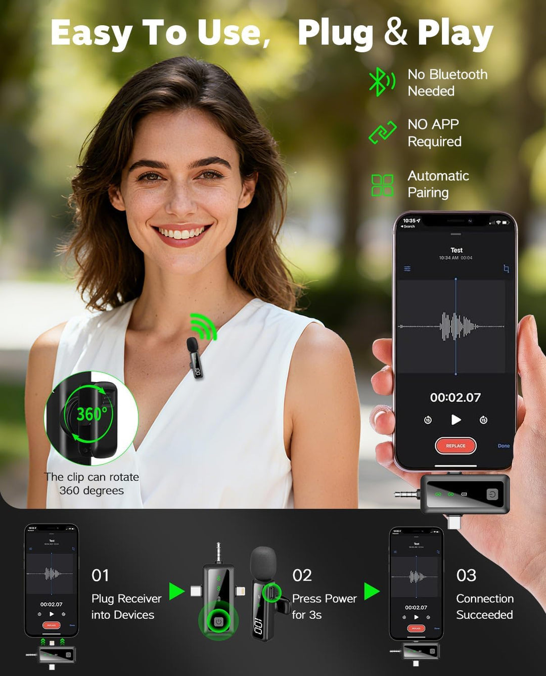 Gicorino Micrófono Lavalier inalámbrico para iPhone\/Android\/cámar...