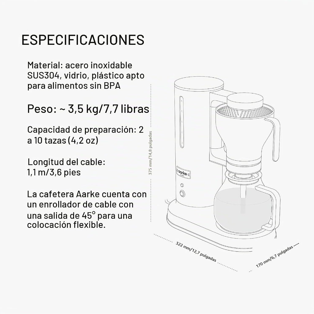 aarke Drip Coffee Maker con 42oz Glass Carafe, Matte negro