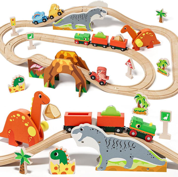 Lehoo Castle Set de Tren de Madera, Set de Pista de Tren de Dinosau...