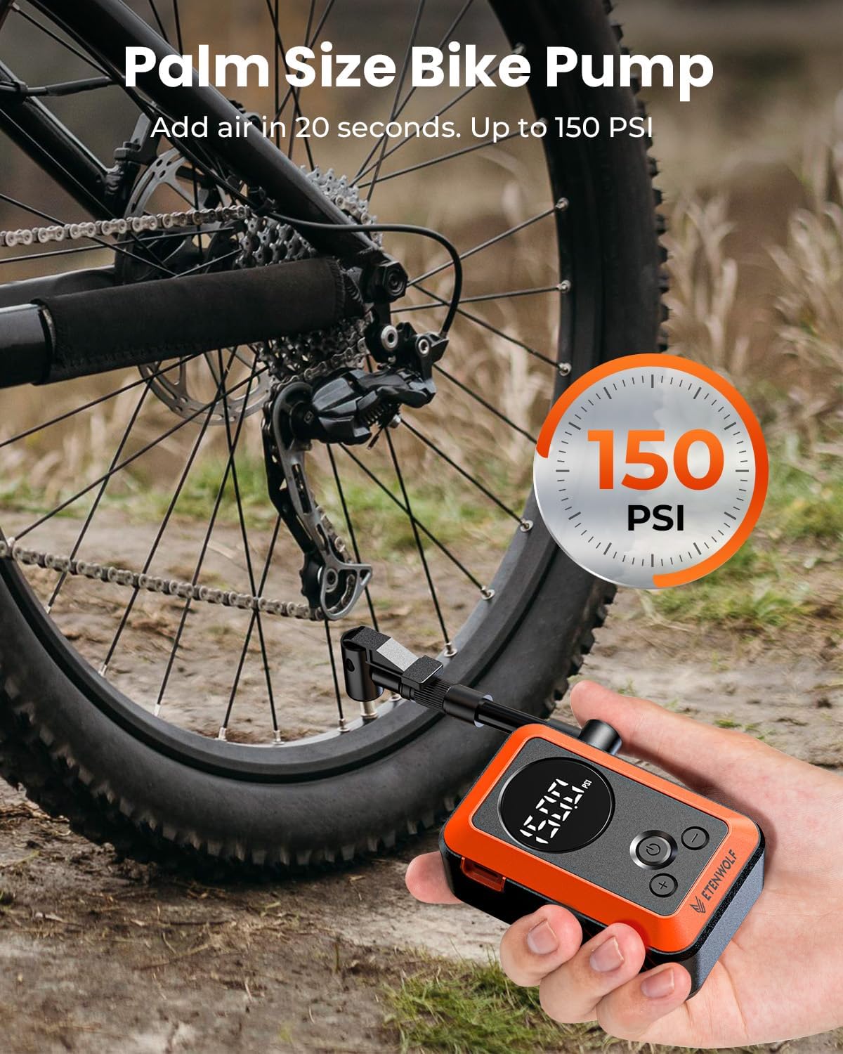 ETENWOLF Mini bomba de bicicleta, bomba de bicicleta de inflado rápido de 20 segundos con calibre, bomba de aire eléctrica portátil de 150 PSI con válvula Presta y Schrader para bicicleta de montaña