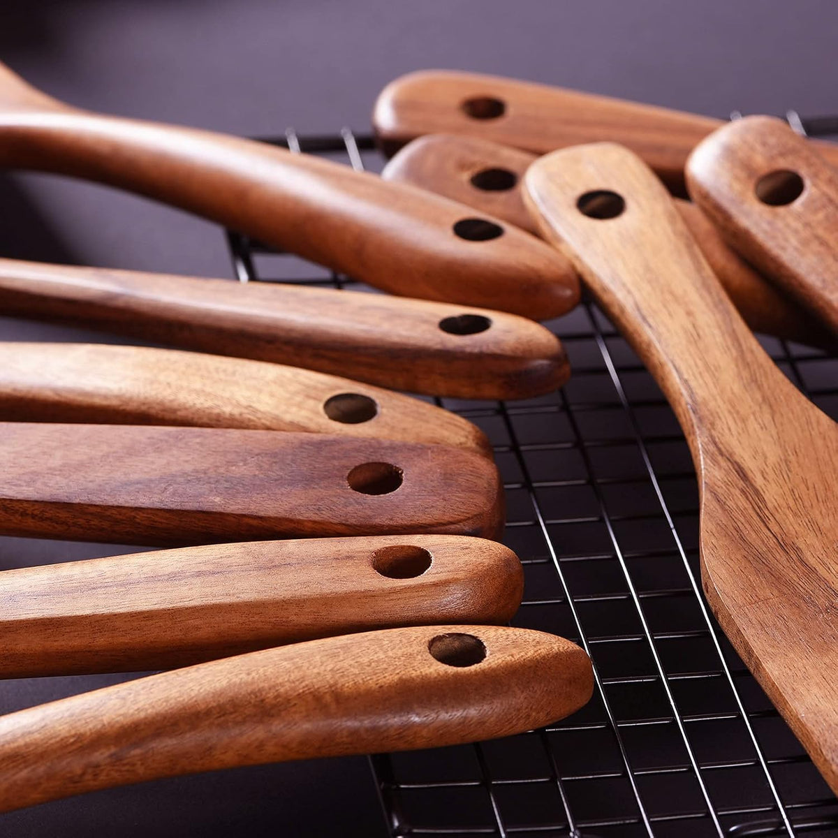 Cucharas de madera para cocinar, juego de 10 utensilios de cocina de madera, utensilios de cocina de madera para sartén antiadherente, juego de utensilios de madera de teca, herramientas de