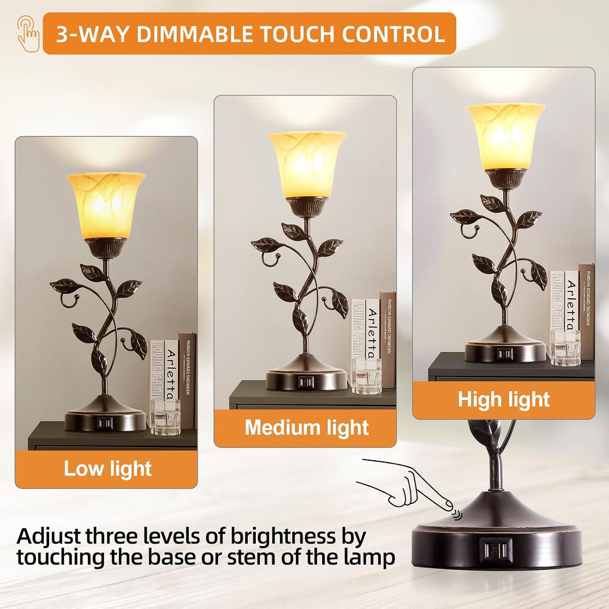 Lámpara Lámpara de mesa con control táctil con 2 puertos de carga USB, lámparas de mesita de noche regulables de 3 vías, pantalla de vidrio ámbar, lámpara de hojas rurales vintage para sala de estar